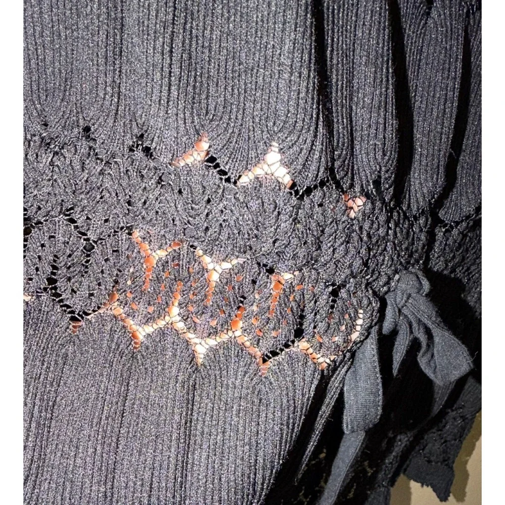 Free‎ People Black Pointelle Knit Peplum Top XS Tie Waist Boho Cottagcore Fairy